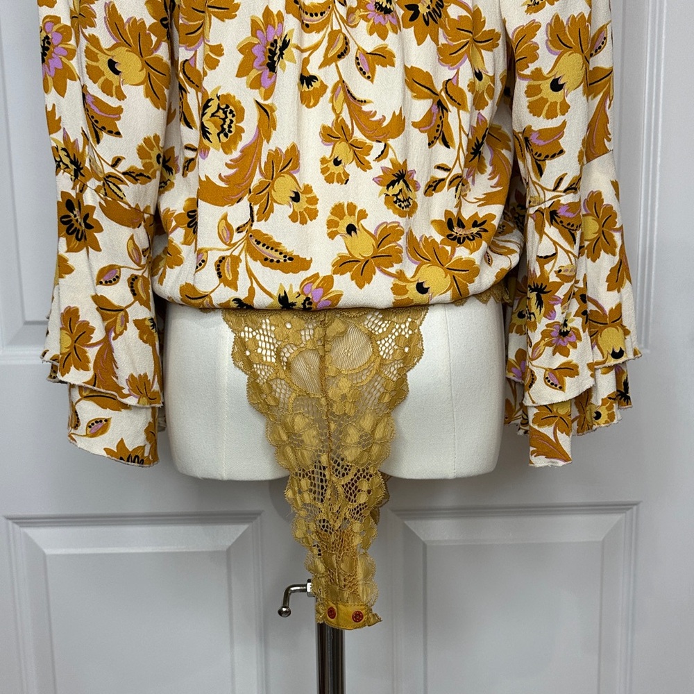 Free People Intimately Gold Brown Floral Lace Square Neck Thong Bodysuit Size SP - Picture 10 of 11